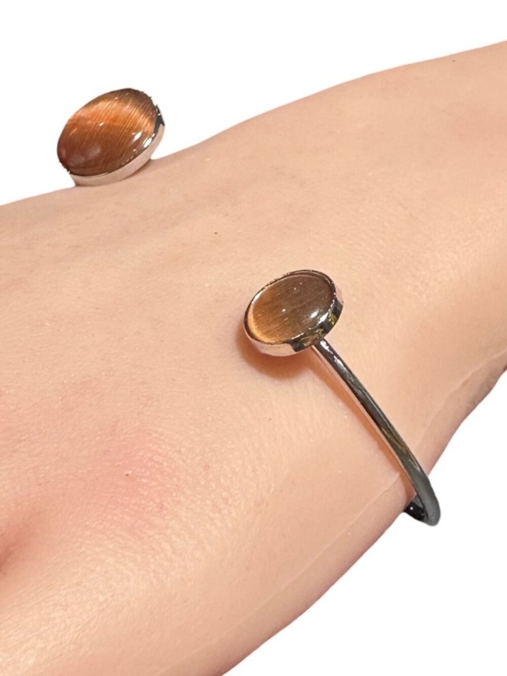 Minimalist Open Cuff Bracelet Silver Tone Golden Brown Cabochons Womens Jewelry